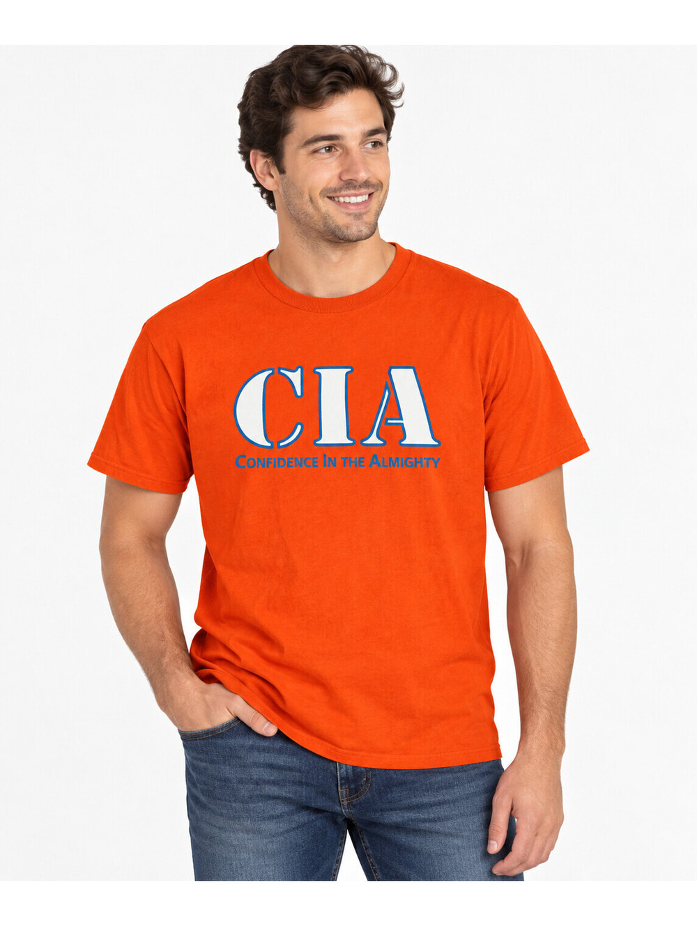 Vintage Jesus Shirt Mens M Orange CIA Confidence In The Almighty Graphic Tee 00s